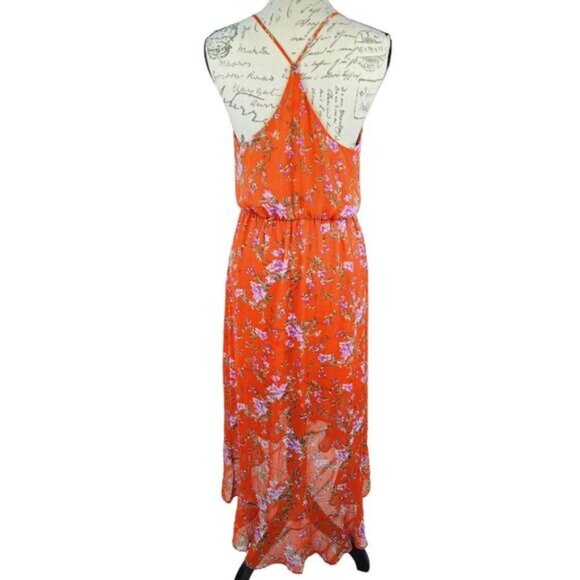 Lush Floral Chiffon Ruffle Tulip Hi Low Hem Maxi Dress Red Lavender Floral Small - Picture 3 of 6